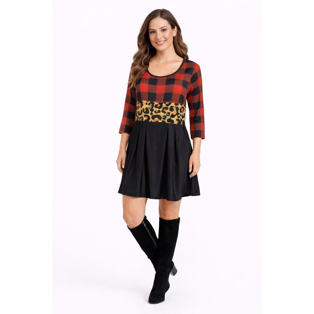 Lily by Firmiana Buffalo Plaid Leopard Colorblock Tunic Dress Medium NWT